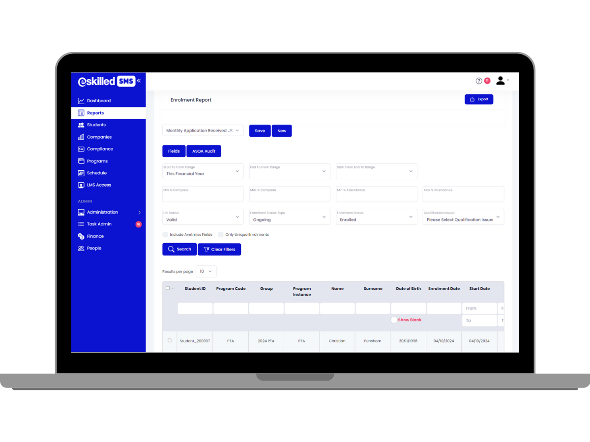 screenshot of eSkilled RTO Software
